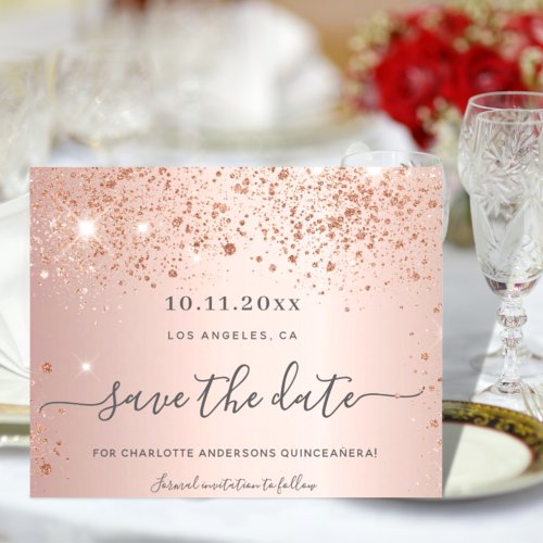 Quinceanera rose gold glitter save the date