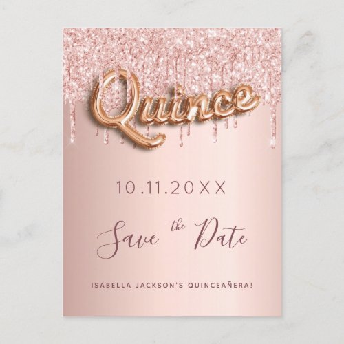Quinceanera rose gold glitter save the date  announcement postcard