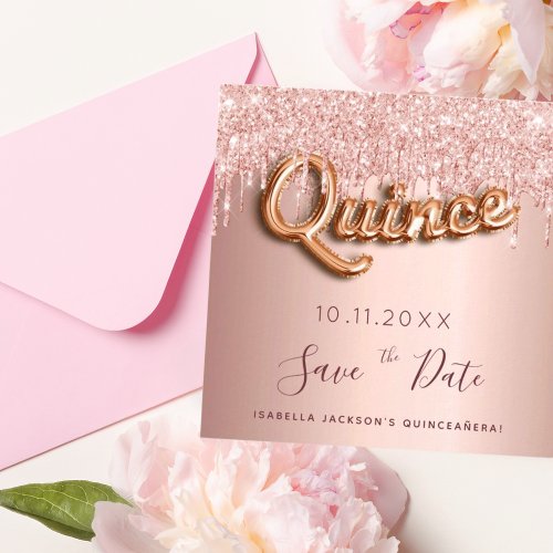 Quinceanera rose gold glitter save the date card