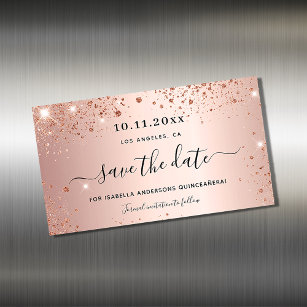 Quinceanera rose gold glitter save the date magnet