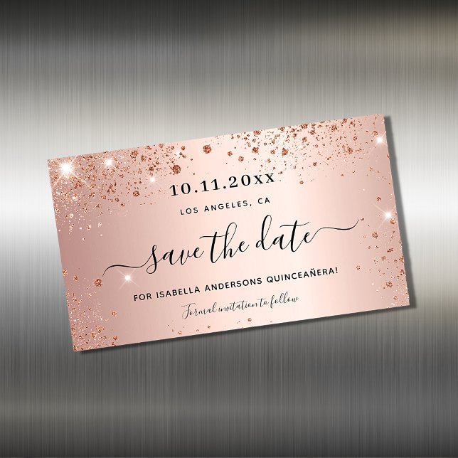 Quinceanera rose gold glitter save the date magnet