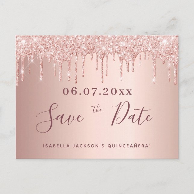 Quinceanera rose gold glitter save the date postcard (Front)