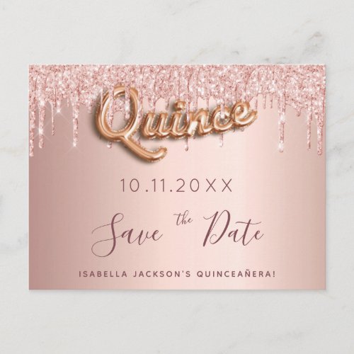 Quinceanera rose gold glitter save the date postcard