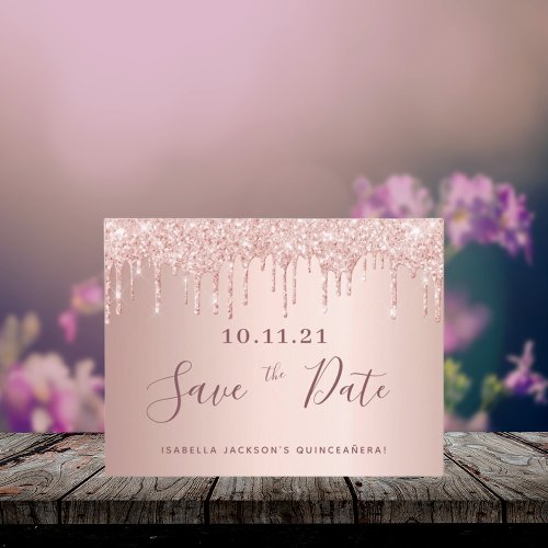Quinceanera rose gold glitter save the date postcard