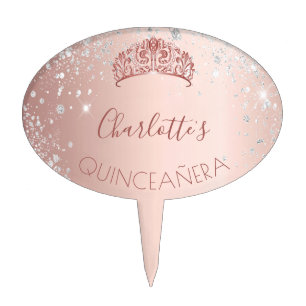 Quinceanera rose gold glitter silver tiara name cake topper