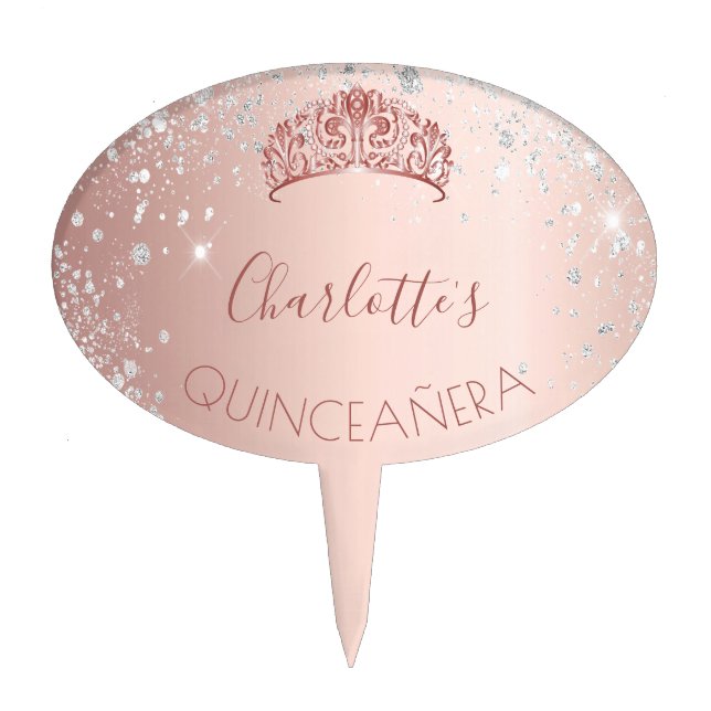 Quinceanera rose gold glitter silver tiara name cake topper (Front)