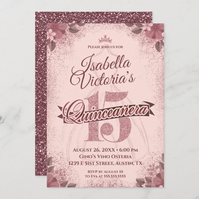 Quinceanera Rose Gold Glitter Sparkle Invitation (Front/Back)