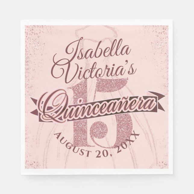 Quinceanera Rose Gold Glitter Sparkle Napkins (Front)