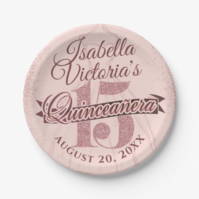 Quinceanera Rose Gold Glitter Sparkle Paper Plates (Front)
