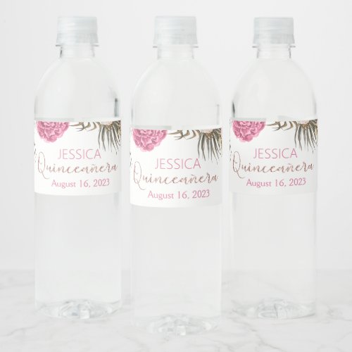 Quinceanera Rose Gold Glitter Water Bottle Label