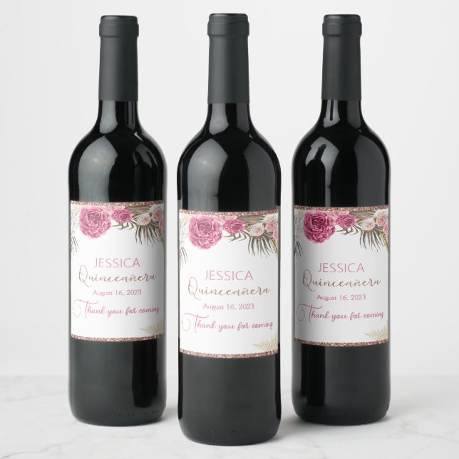 Quinceanera Rose Gold Glitter Wine Label (Bottles)