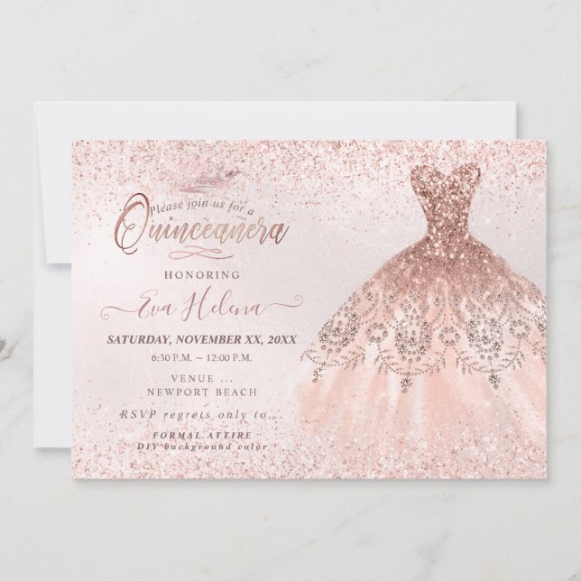 Quinceañera, Rose Gold Glitters Dress Invitation (Front)