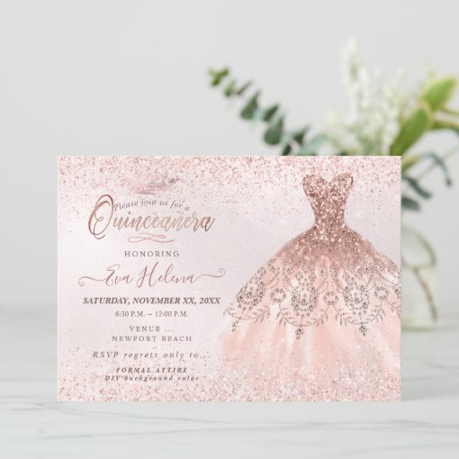 Quinceañera, Rose Gold Glitters Dress Invitation | Zazzle