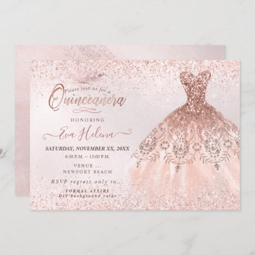 Quinceañera, Rose Gold Glitters Dress Invitation 