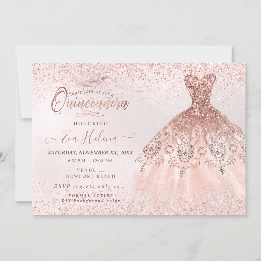 Quinceañera, Rose Gold Glitters Dress Invitation | Zazzle