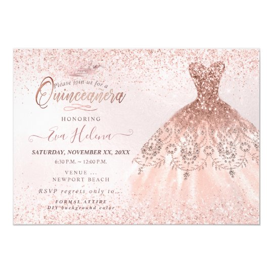 Quinceañera, Rose Gold Glitters Dress Invitation | Zazzle.com