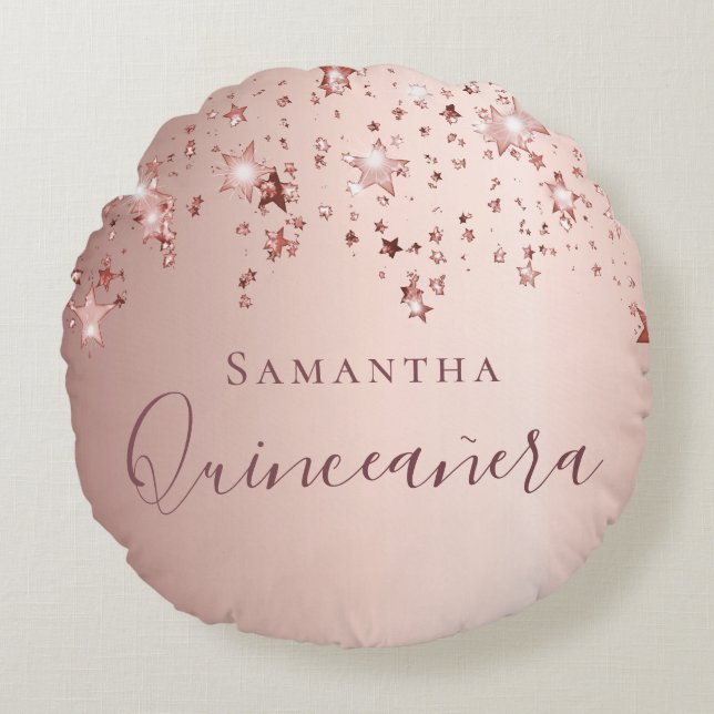 Quinceanera rose gold monogram name sparkle round pillow (Front)