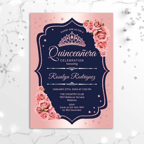 Quinceanera _ Rose Gold Navy Invitation