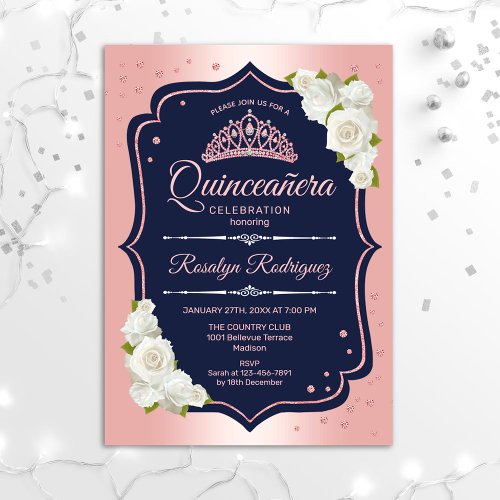 Quinceanera _ Rose Gold Navy White Invitation