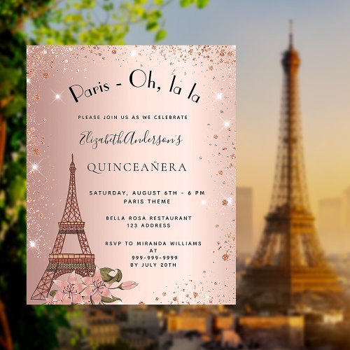Quinceanera rose gold Paris budget invitation Flyer