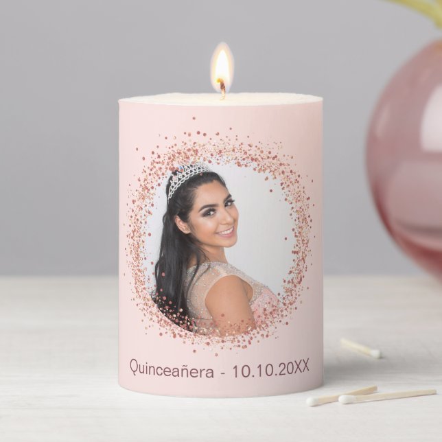 Quinceanera rose gold photo pillar candle (In Situ)