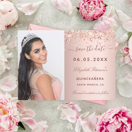 Quinceanera rose gold photo save the date