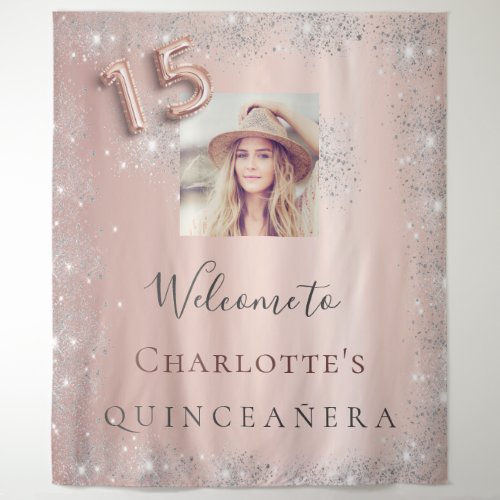 Quinceanera rose gold photo silver tapestry