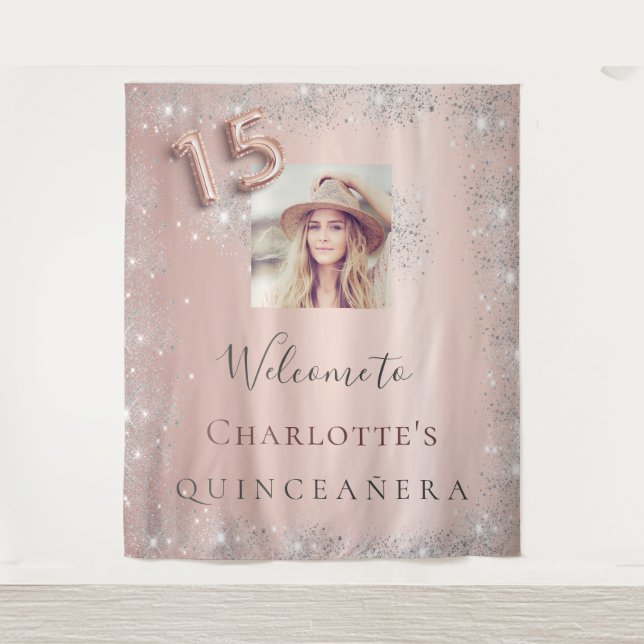 Quinceanera rose gold photo silver tapestry (Front)