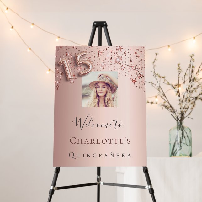 Quinceanera rose gold photo stars welcome  foam board (In Situ (Stand))