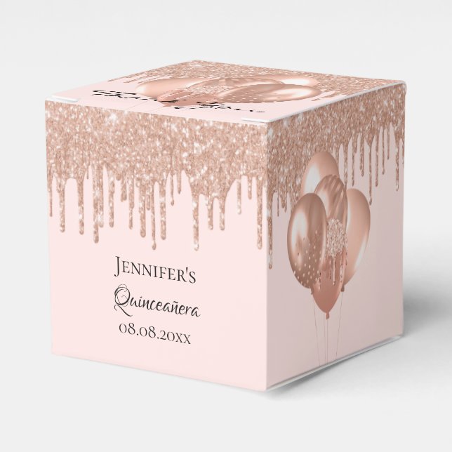 Quinceanera rose gold pink balloons favor boxes (Front Side)