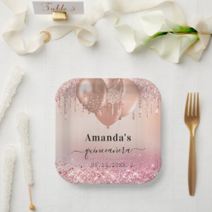 Quinceanera rose gold pink balloons paper plates
