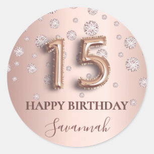 Quinceanera rose gold pink diamonds balloon font classic round sticker