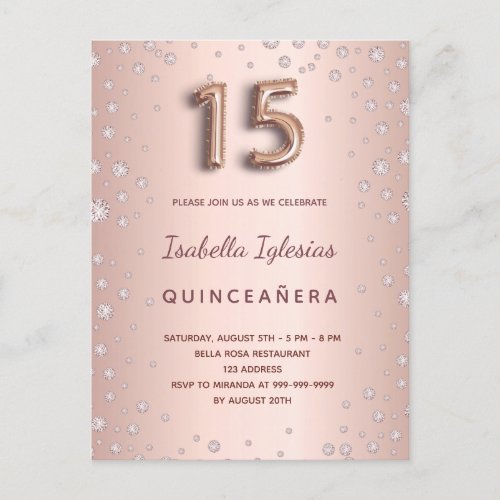 Quinceanera rose gold pink diamonds balloon script postcard