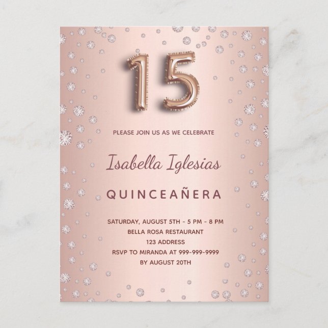 Quinceanera rose gold pink diamonds balloon script postcard (Front)