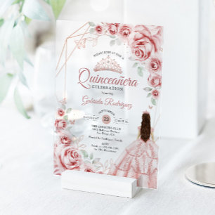Quinceanera Rose Gold Pink Dress Floral Acrylic Invitations