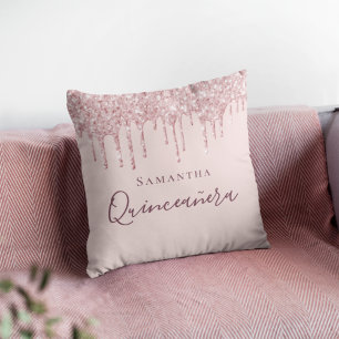 Quinceanera rose gold pink drips name throw pillow