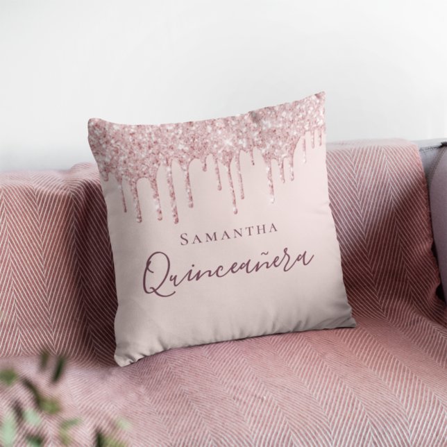 Quinceanera rose gold pink drips name throw pillow (Creator Uploaded)