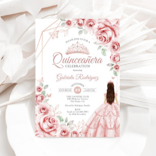 Quinceanera Rose Gold Pink Floral Dress Invitation