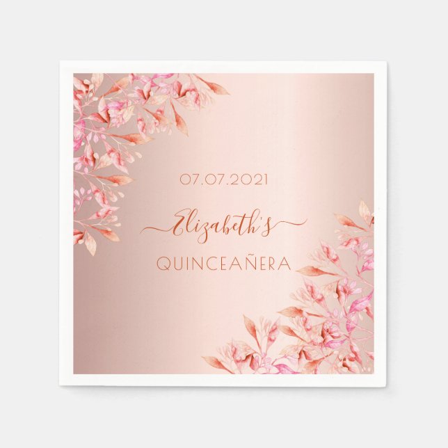 Quinceanera rose gold pink florals botanical napkins (Front)