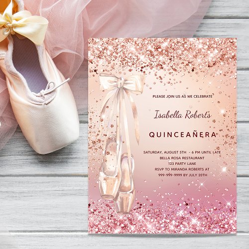 Quinceanera rose gold pink glitter ballerina invitation postcard