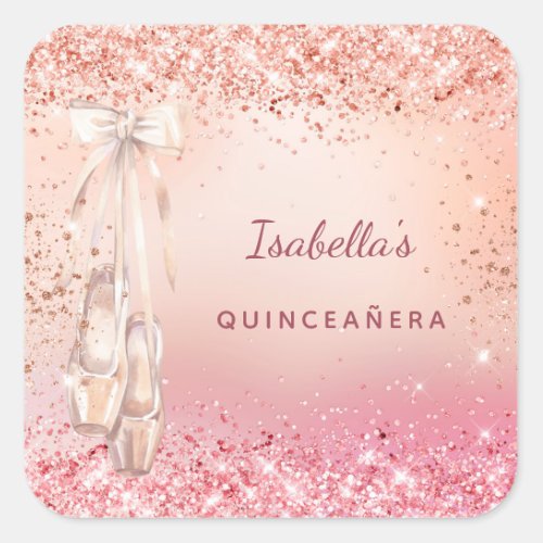 Quinceanera rose gold pink glitter ballerina square sticker