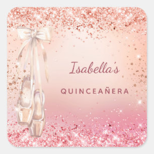 Quinceanera rose gold pink glitter ballerina square sticker