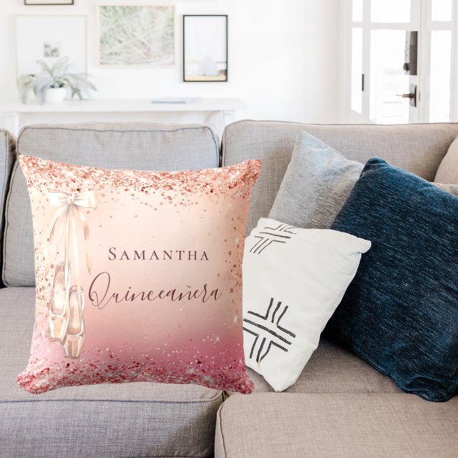 Quinceanera rose gold pink glitter ballerina throw pillow (Creator Uploaded)
