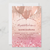 Quinceanera rose gold pink glitter balloons glam invitation (Front)