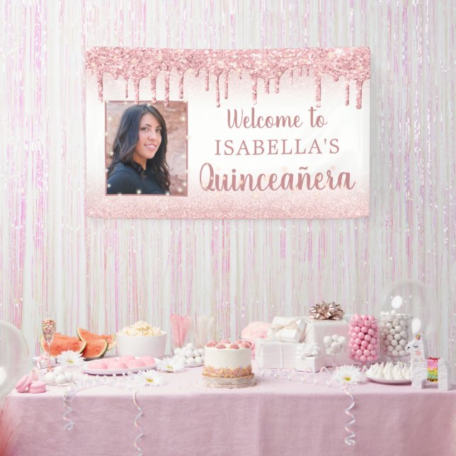 Quinceanera Rose Gold Pink Glitter Drip Photo Banner (Party)