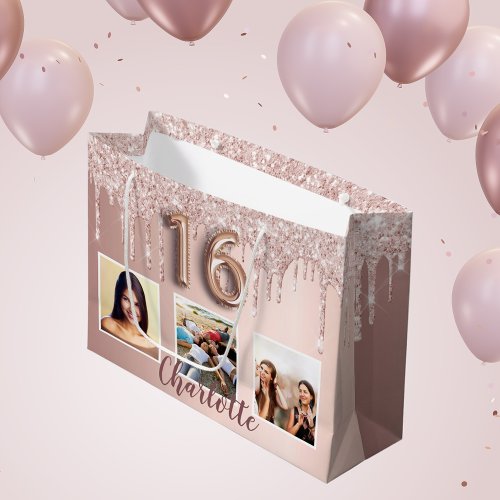 Quinceanera rose gold pink glitter photo monogram large gift bag