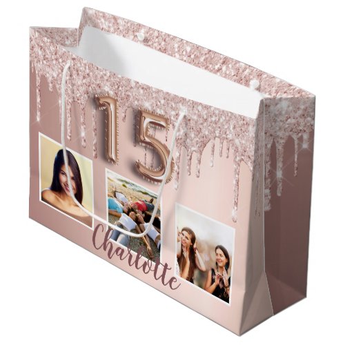 Quinceanera rose gold pink glitter photo monogram large gift bag