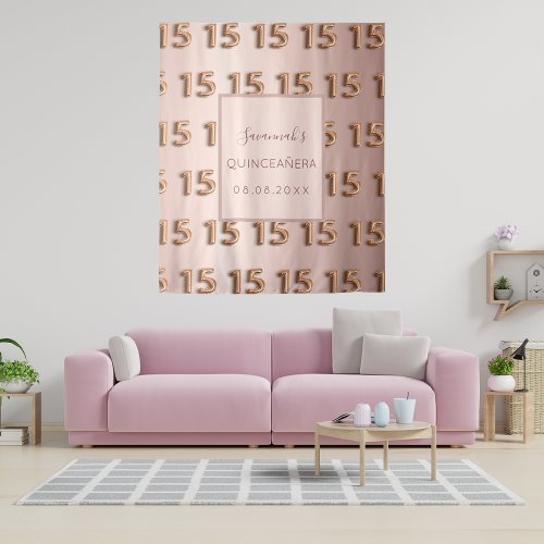 Quinceanera rose gold pink monogram 15 tapestry
