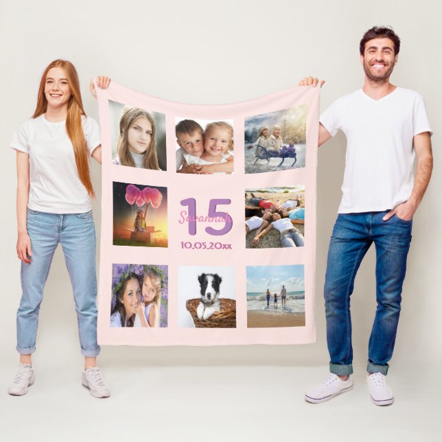 Quinceanera rose gold pink photo collage name fleece blanket (In Situ)