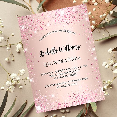 Quinceanera rose gold pink sparkles invitation postcard